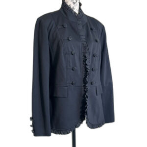 Chico’s Whimsigoth Fancy Trim Ponte Military Jacket Size 10/12 Black Ruffle